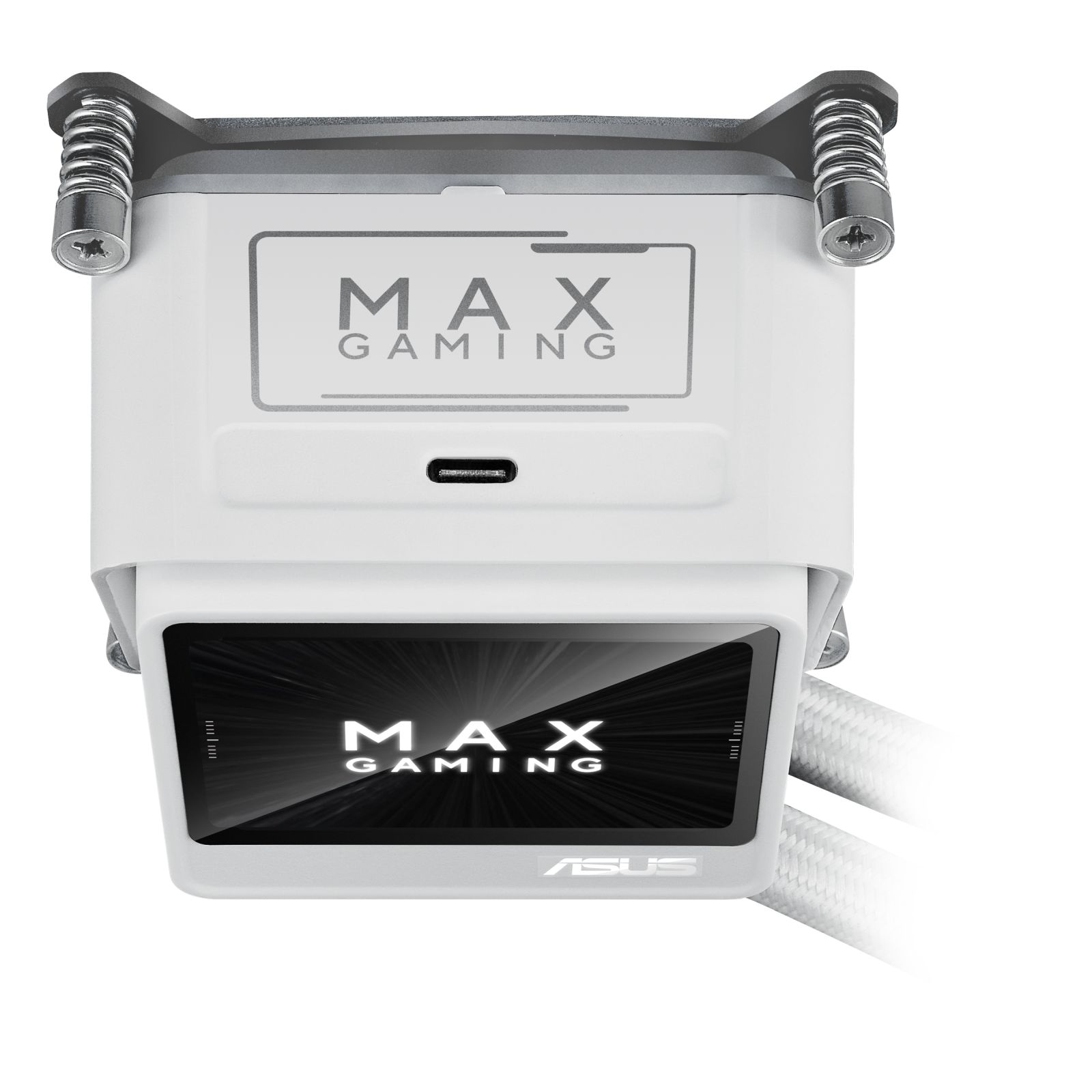 Refrigerador de CPU blanco con logo "MAX GAMING" y marca ASUS.