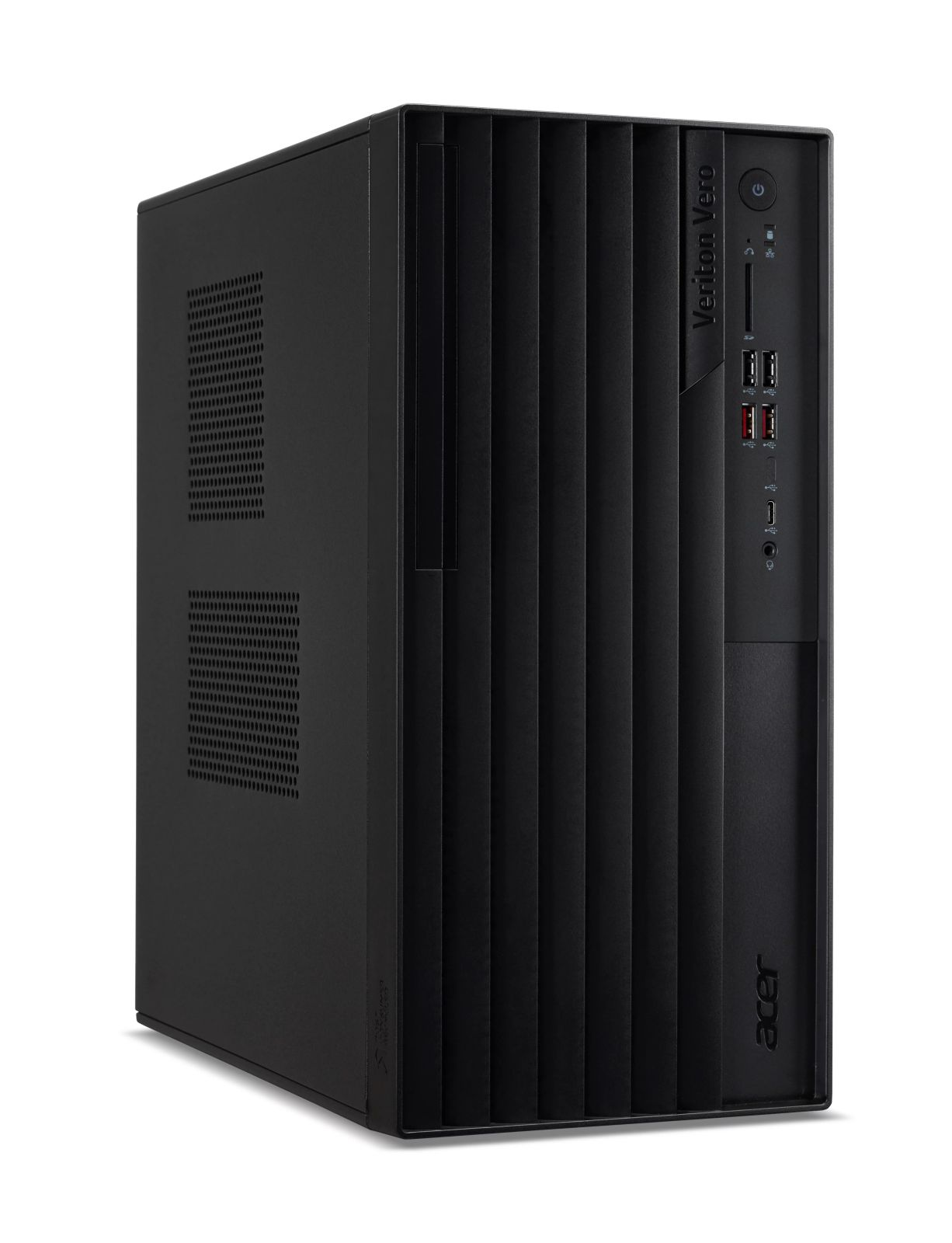 Computer desktop nero Acer Veriton Vero con porte USB anteriori e pulsante di accensione.