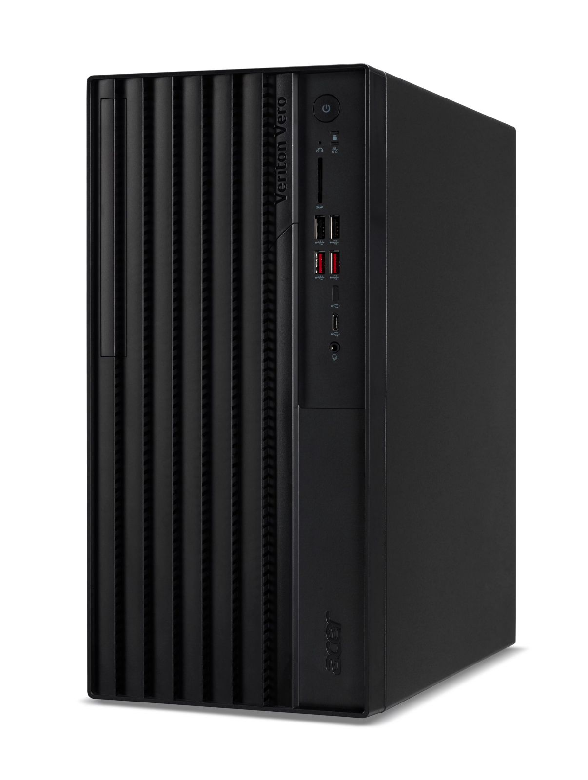 Tower PC nero Acer Veriton Vero con porte USB frontali, pulsante di accensione.