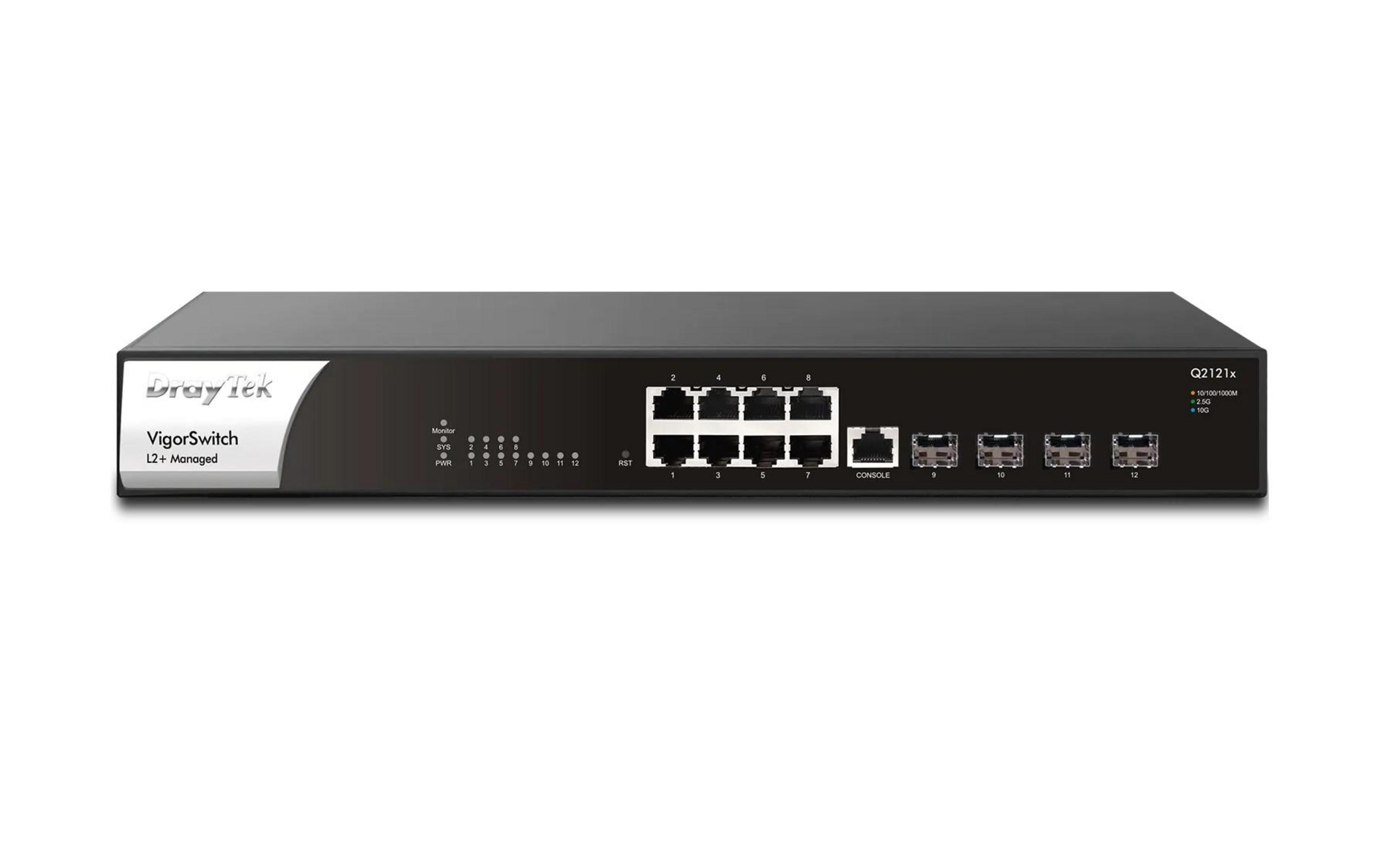 Un DrayTek VigorSwitch noir avec 12 ports Ethernet et des LED d'état.