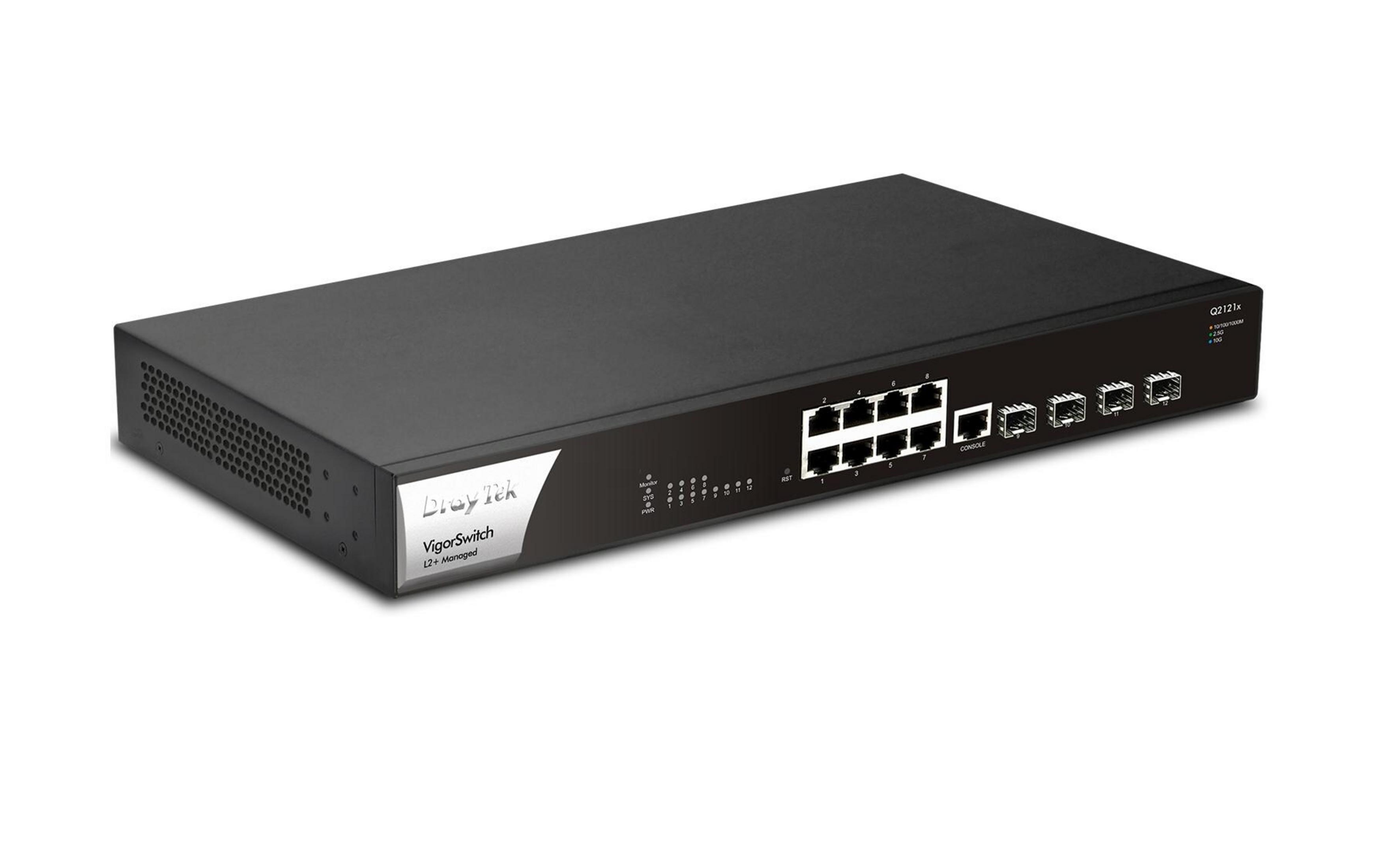 Switch réseau noir avec 12 ports, aérations et voyants lumineux.