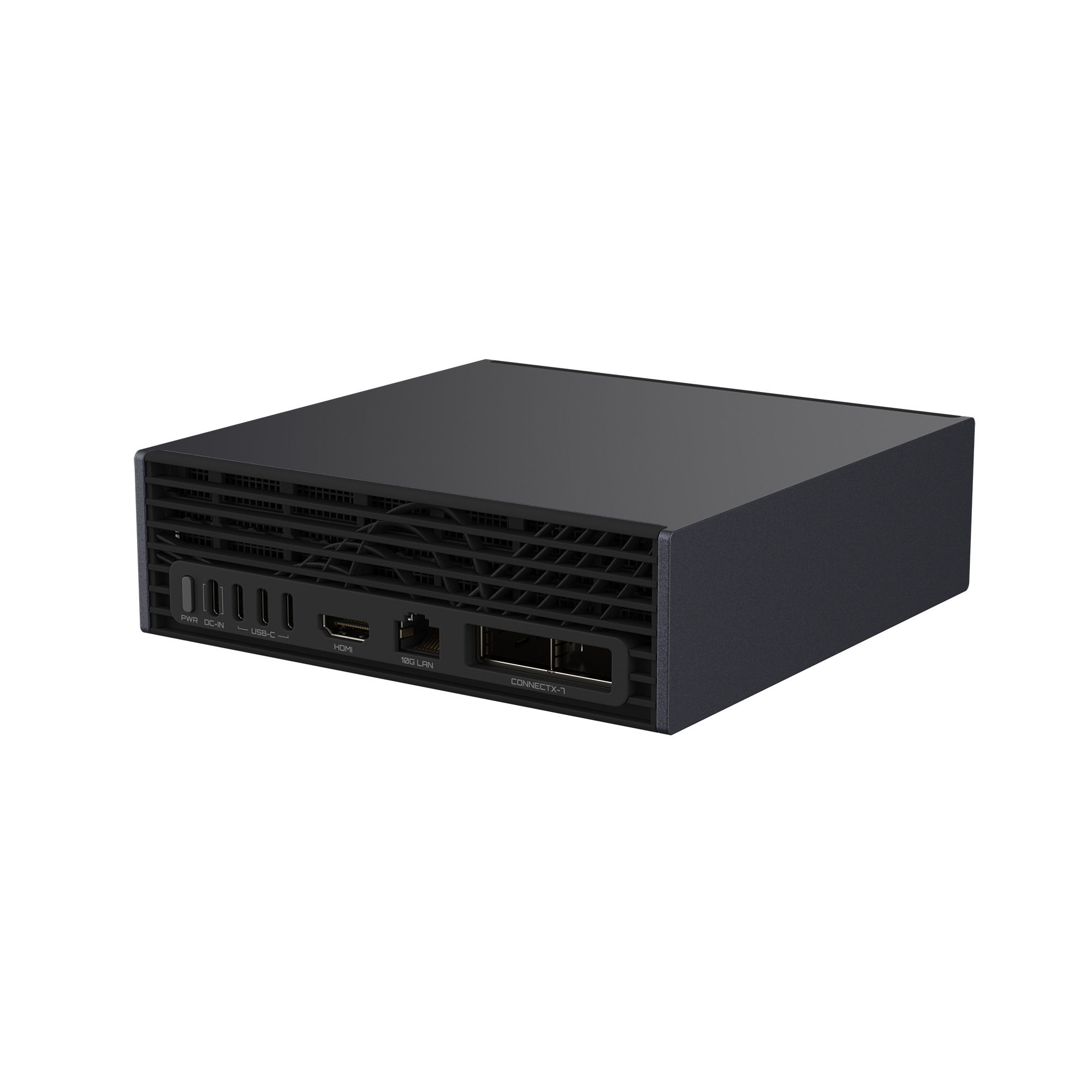 Server informatico nero con prese d'aria e porte come USB-C, HDMI, LAN.