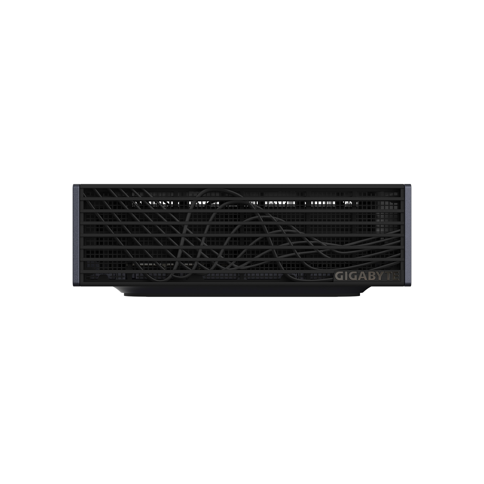 Mini PC GIGABYTE nero con griglia ventilata e cavi visibili.