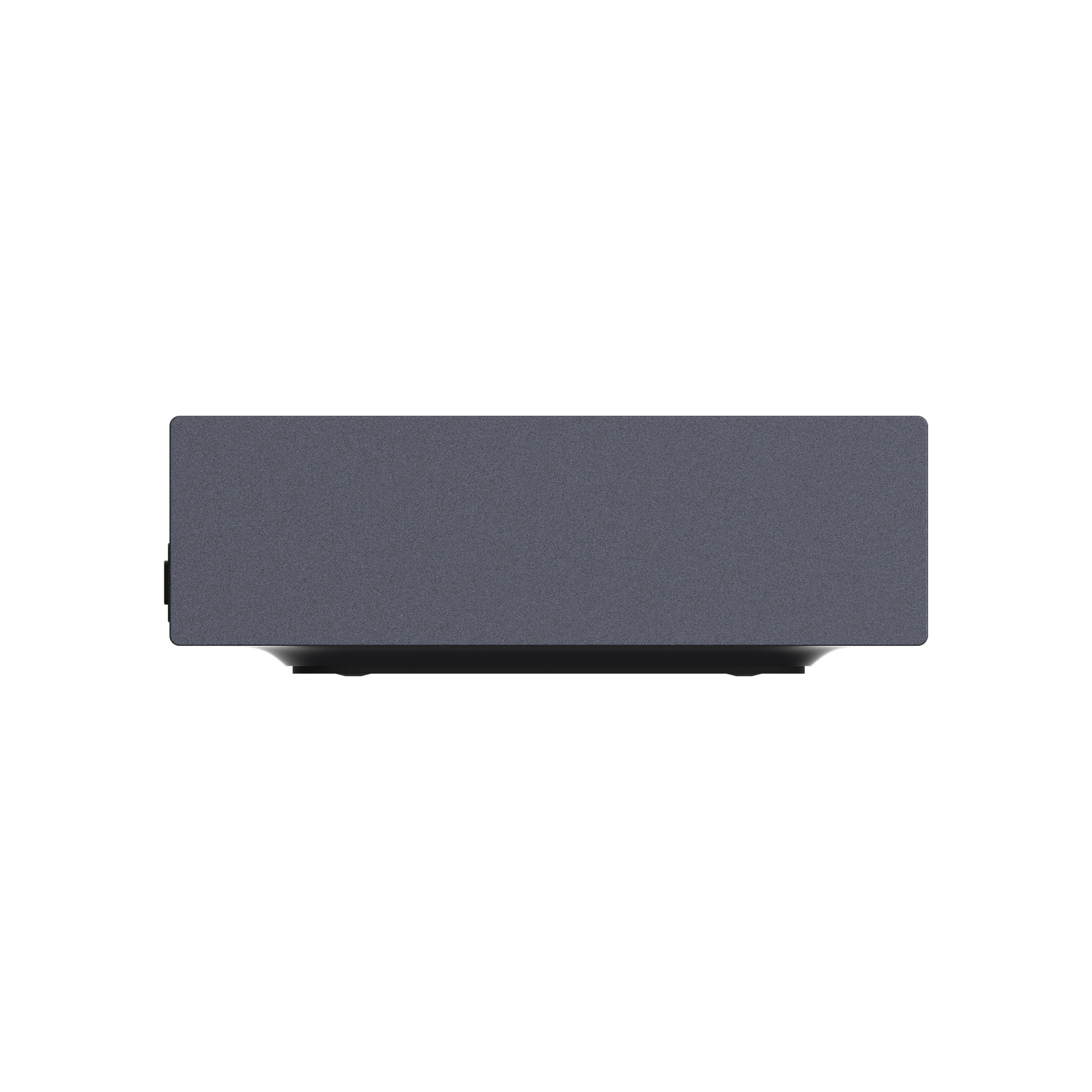 Dispositivo elettronico rettangolare grigio su base nera, sfondo bianco.