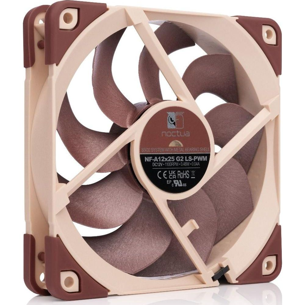 A brown and beige Noctua PC fan with detailed label on the central sticker.