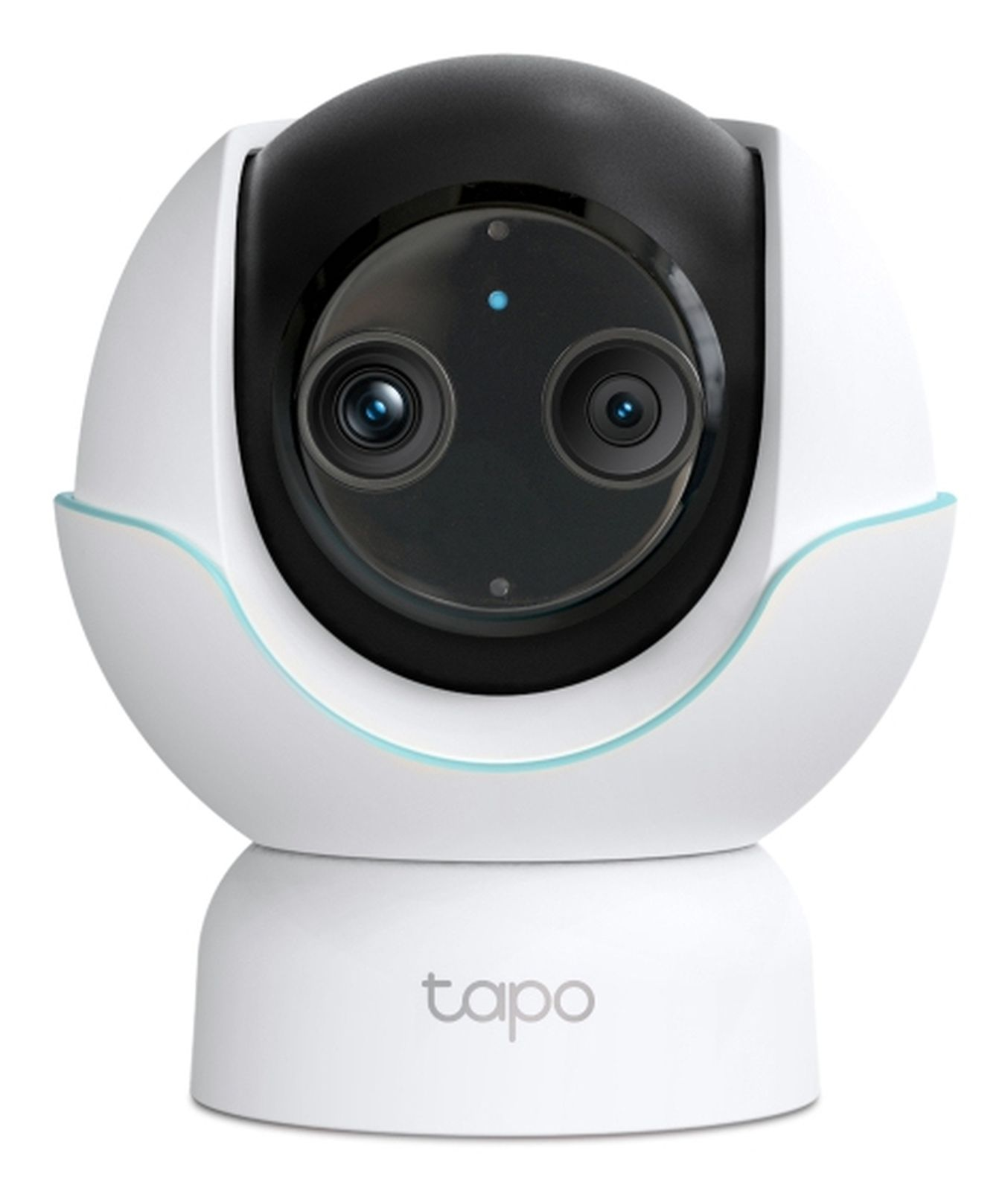 Un robot di sicurezza bianco con testa nera e due lenti.
