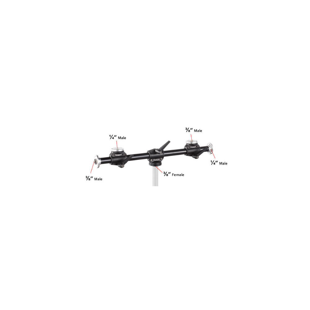 Zwarte dubbele arm met 1/4-inch en 3/8-inch schroefdraad labels.