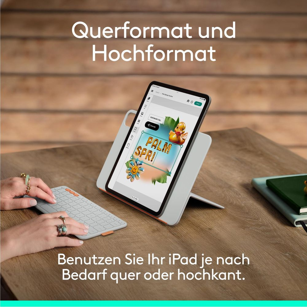 Une tablette iPad est présentée à l'horizontale et à la verticale sur un support, avec un clavier devant.