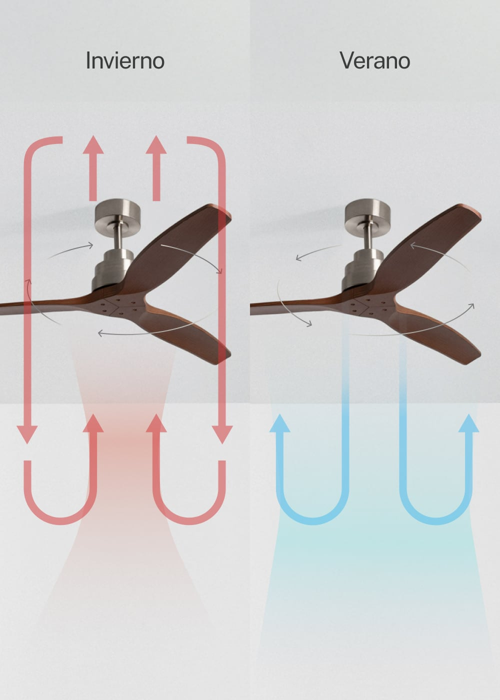 Ventilador de techo: modo invierno (rojo) succiona aire, modo verano (azul) empuja aire.