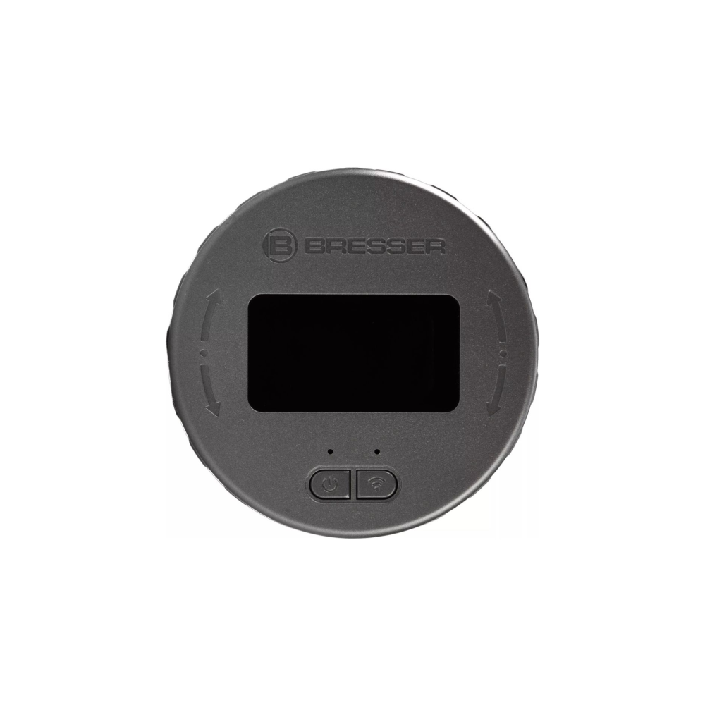 Dispositivo Bresser gris con pantalla negra y dos botones.