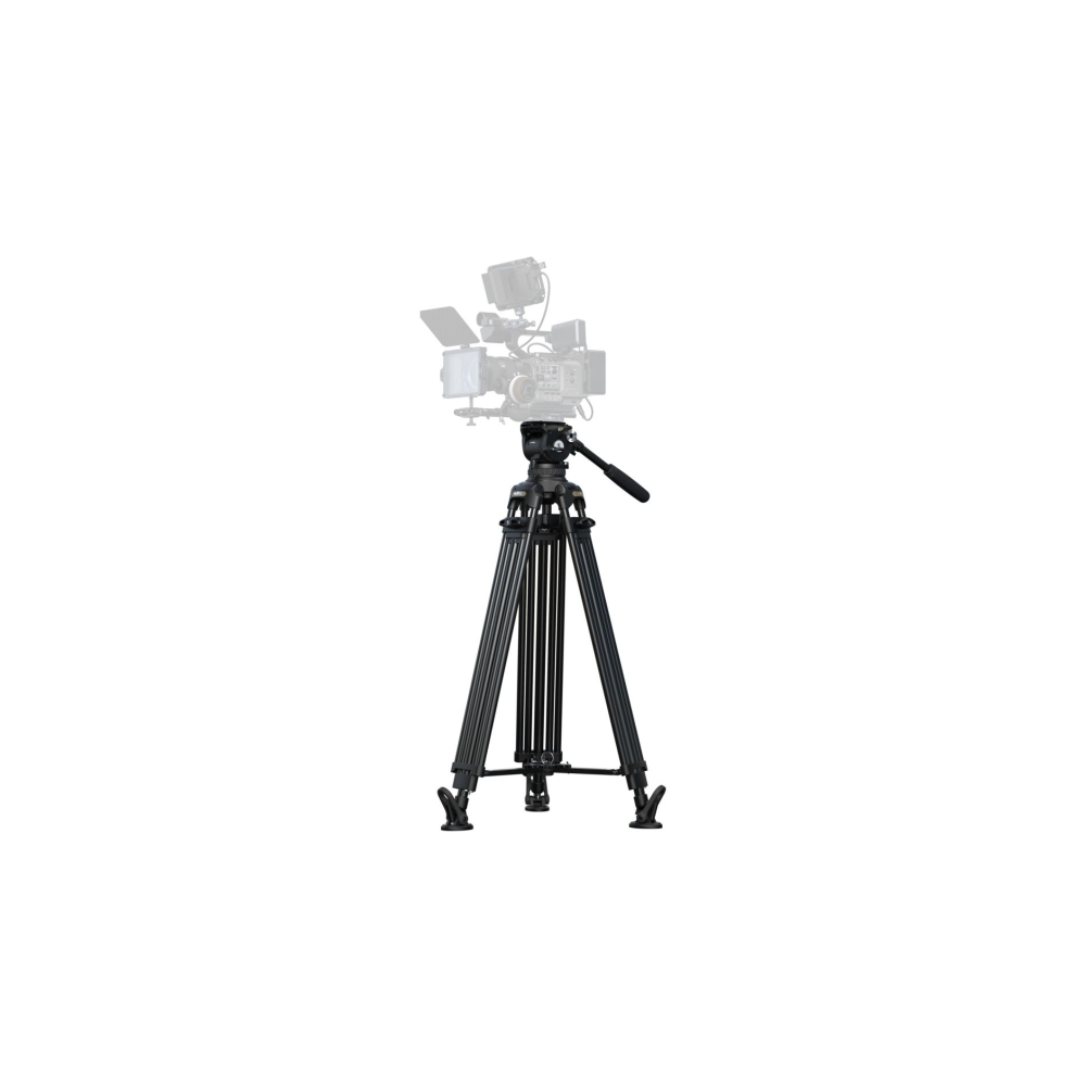 Un treppiede per videocamera nero con una telecamera traslucida sopra.
