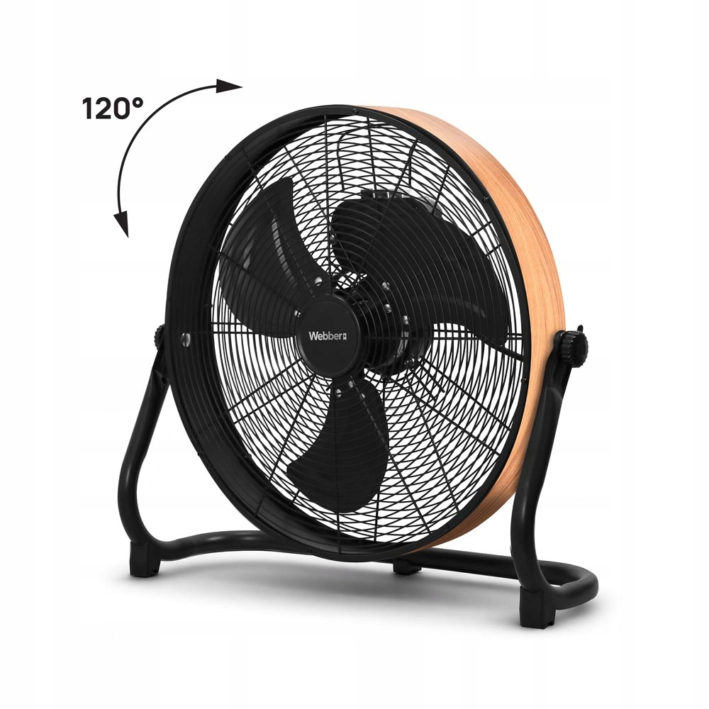 Czarny wentylator z ramą imitującą drewno stoi na czarnej podstawie. Oscylacja 120°.
