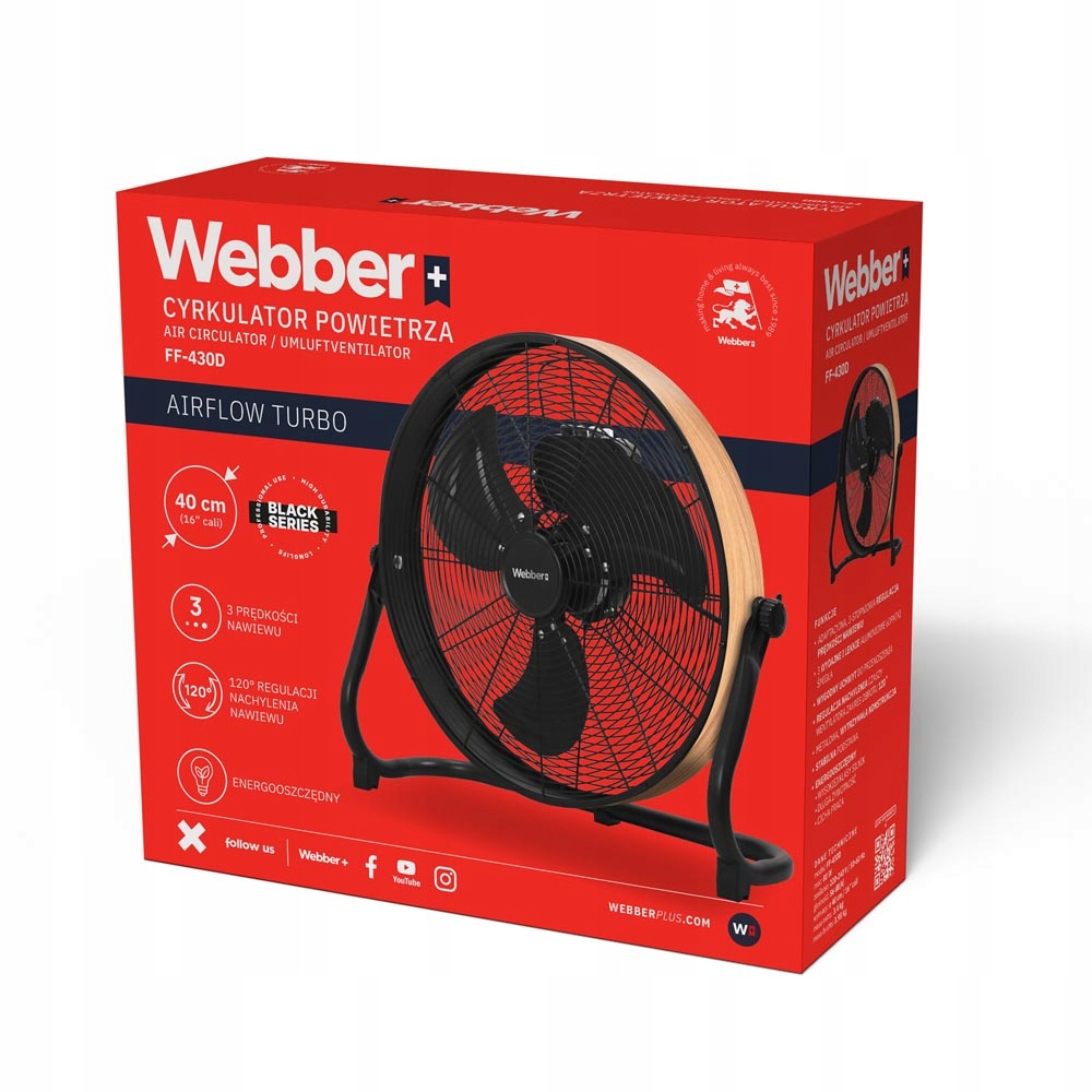Cyrkulator powietrza Webber FF-430D na czerwonym opakowaniu z drewnianą ramką.