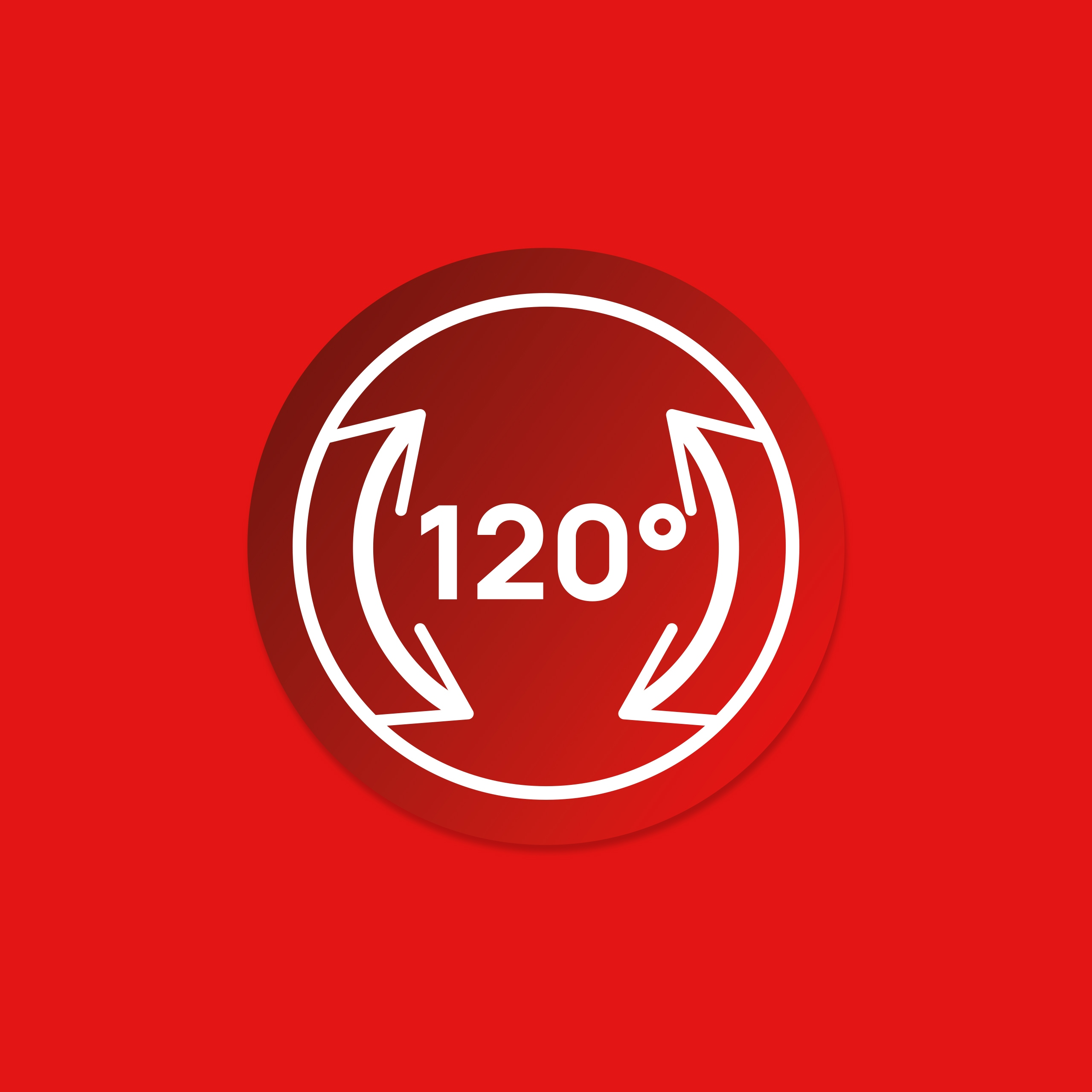 Symbol koła ze 120 stopniami i strzałkami, na czerwonym tle.