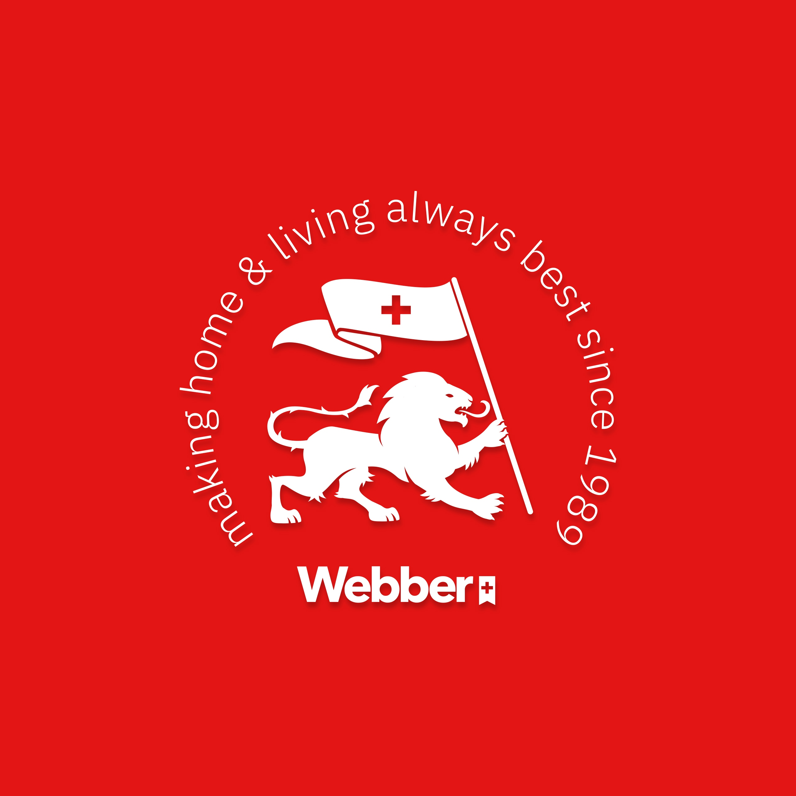 Biały lew trzyma flagę z czerwonym krzyżem, logo Webber.