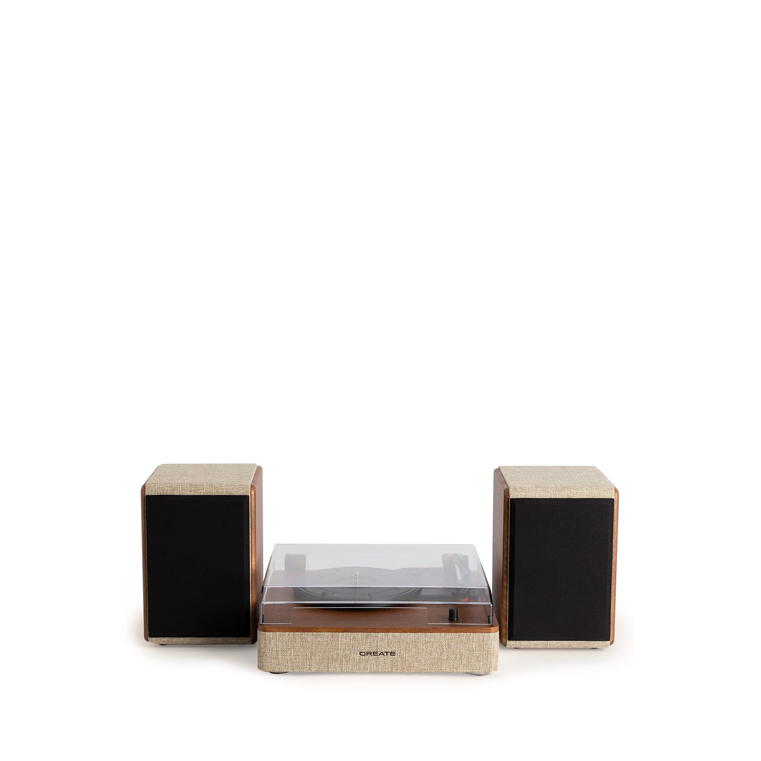 Un tocadiscos con dos altavoces sobre fondo blanco.