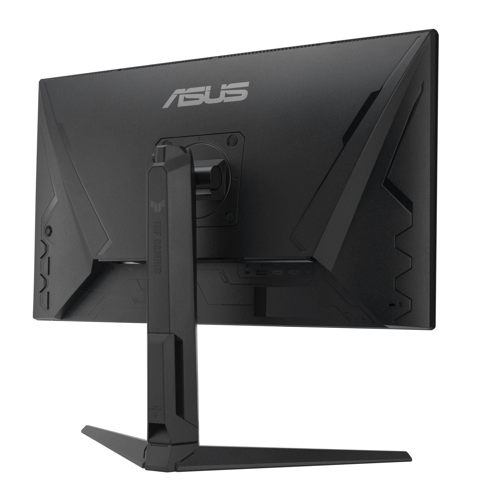 Retro di un monitor ASUS TUF Gaming nero con porte e supporto.