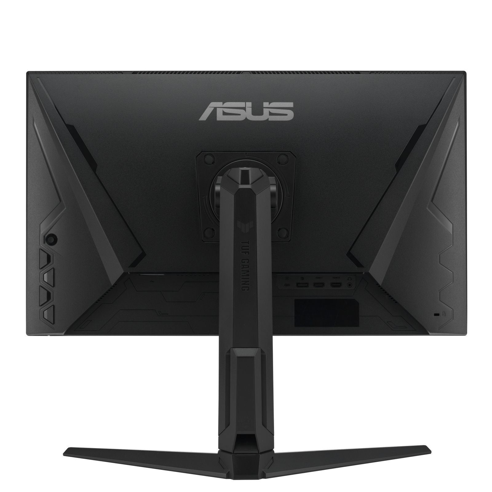 Vista posteriore di un monitor gaming ASUS TUF nero con supporto e porte.