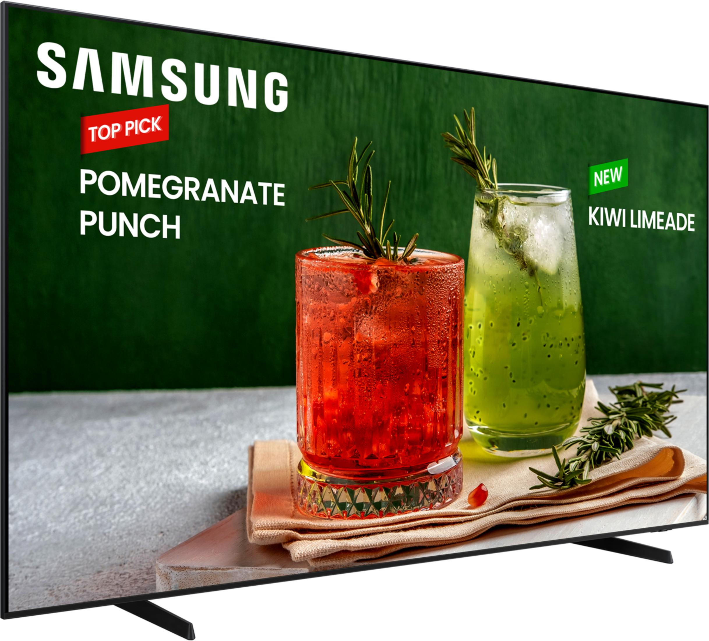 Samsung TV zeigt zwei Getränke: Granatapfel-Cocktail und Kiwi-Limonade.