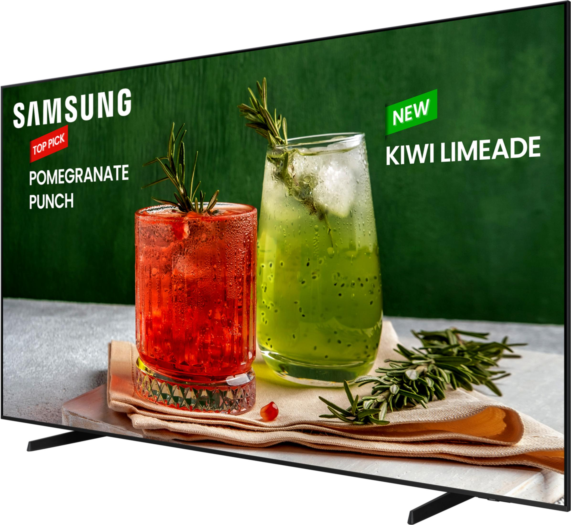 Samsung TV zeigt zwei Getränke: roten Granatapfelsaft und grüne Kiwi-Limonade.