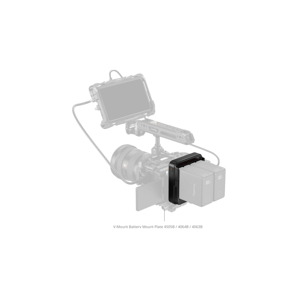 V-Mount batterijplaat met twee batterijen bevestigd aan een camera.