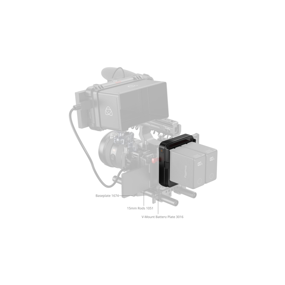 Camera rig met V-mount batterijplaat, 15mm stangen en baseplate.