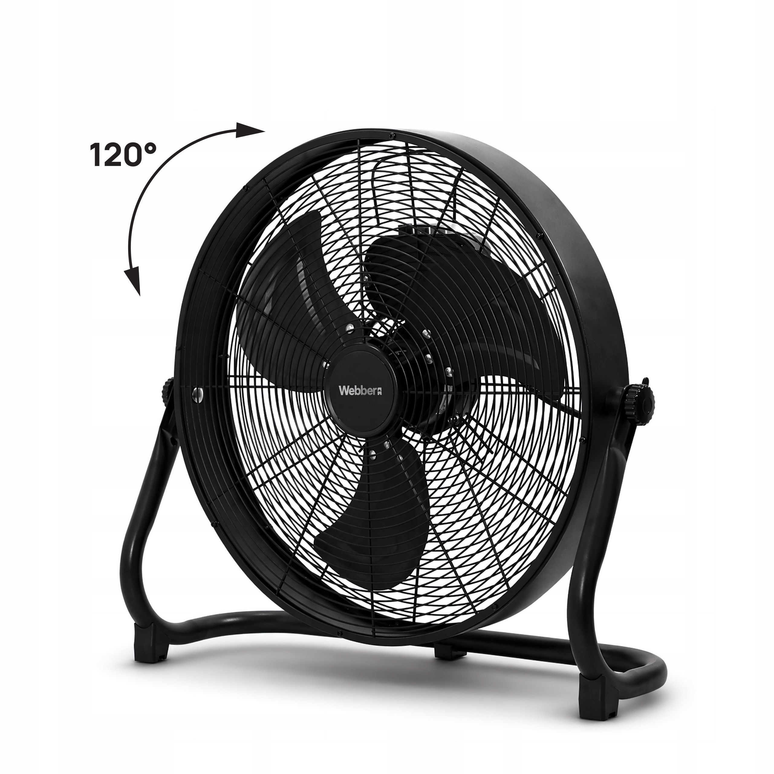 Czarny wentylator podłogowy z oscylacją 120° na białym tle.