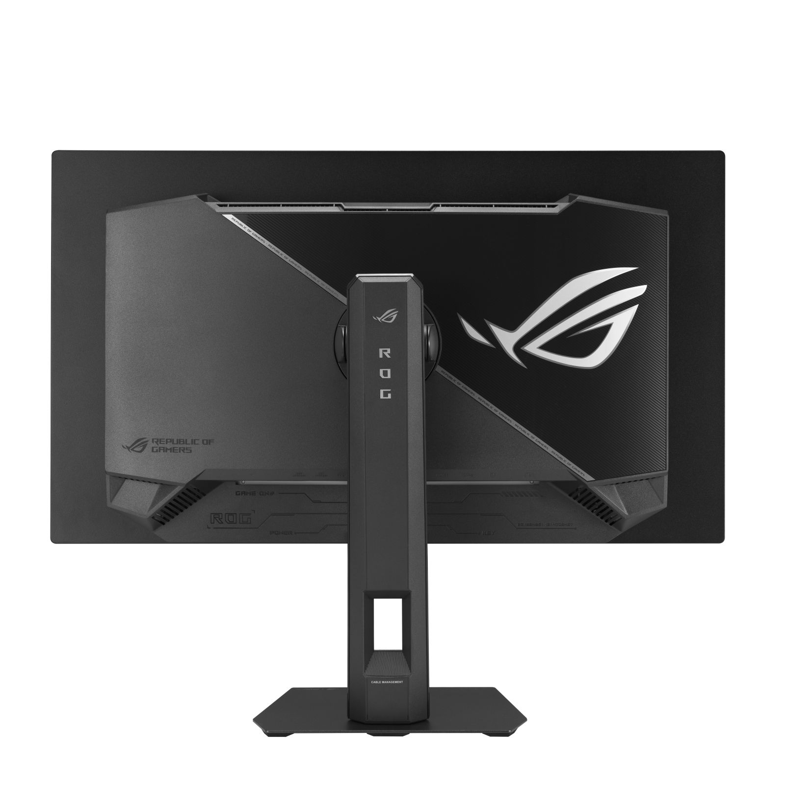 Retro di un monitor gaming ROG nero con logo illuminato e supporto verticale.