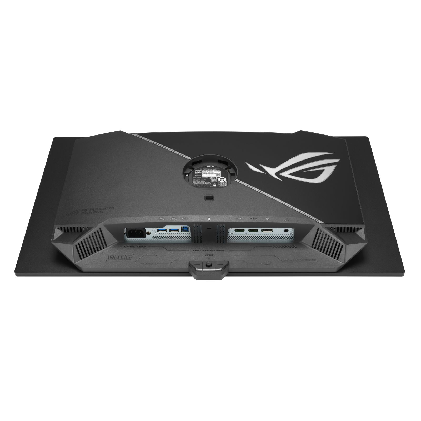 Retro di un monitor nero con porte, logo ROG e fessure di ventilazione.