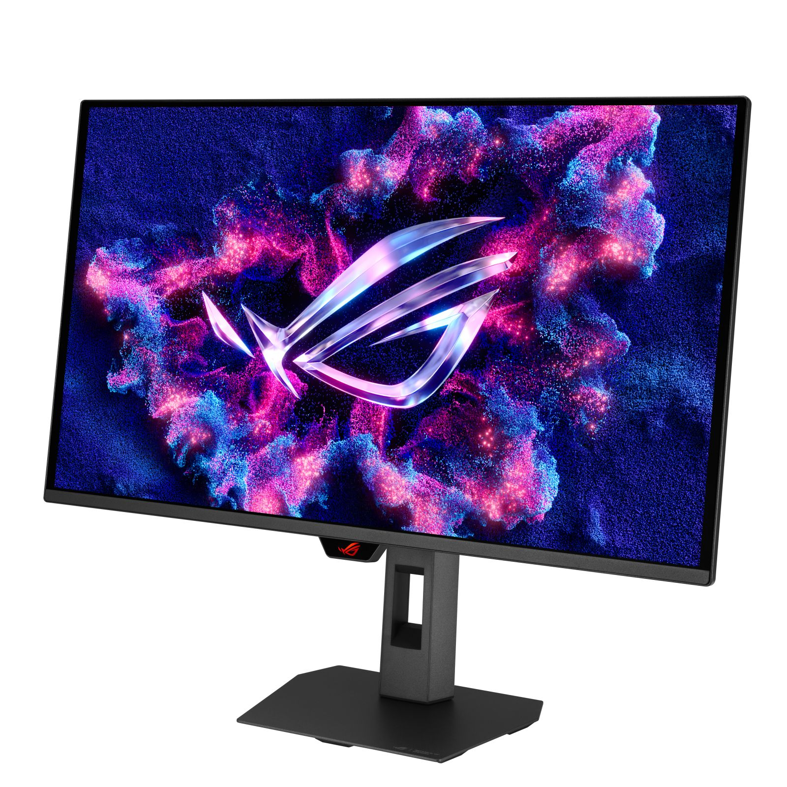 Un monitor da gaming con un logo stilizzato su sfondo dinamico blu e rosa.