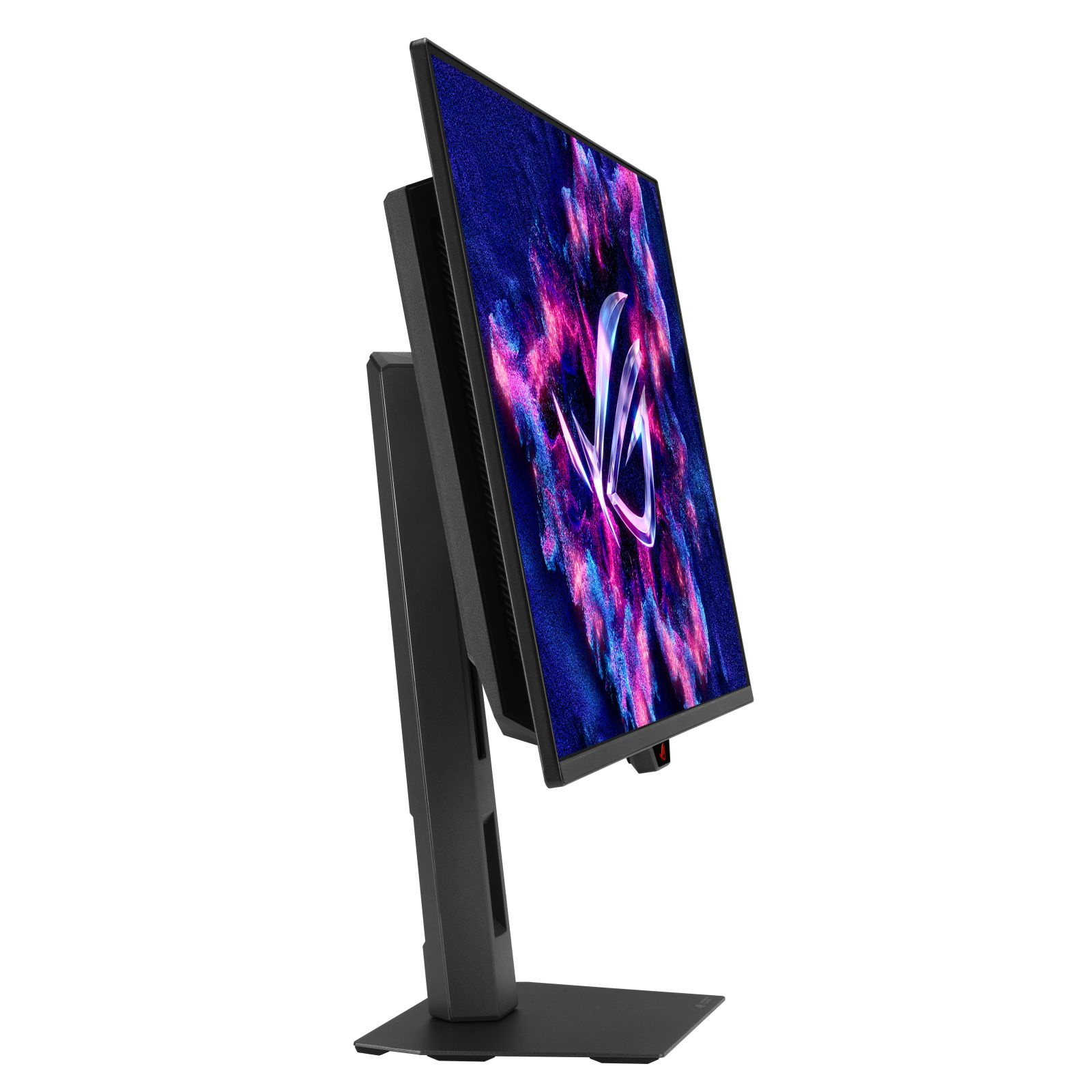 Un monitor da gaming nero mostra uno sfondo astratto e colorato con il logo ROG.