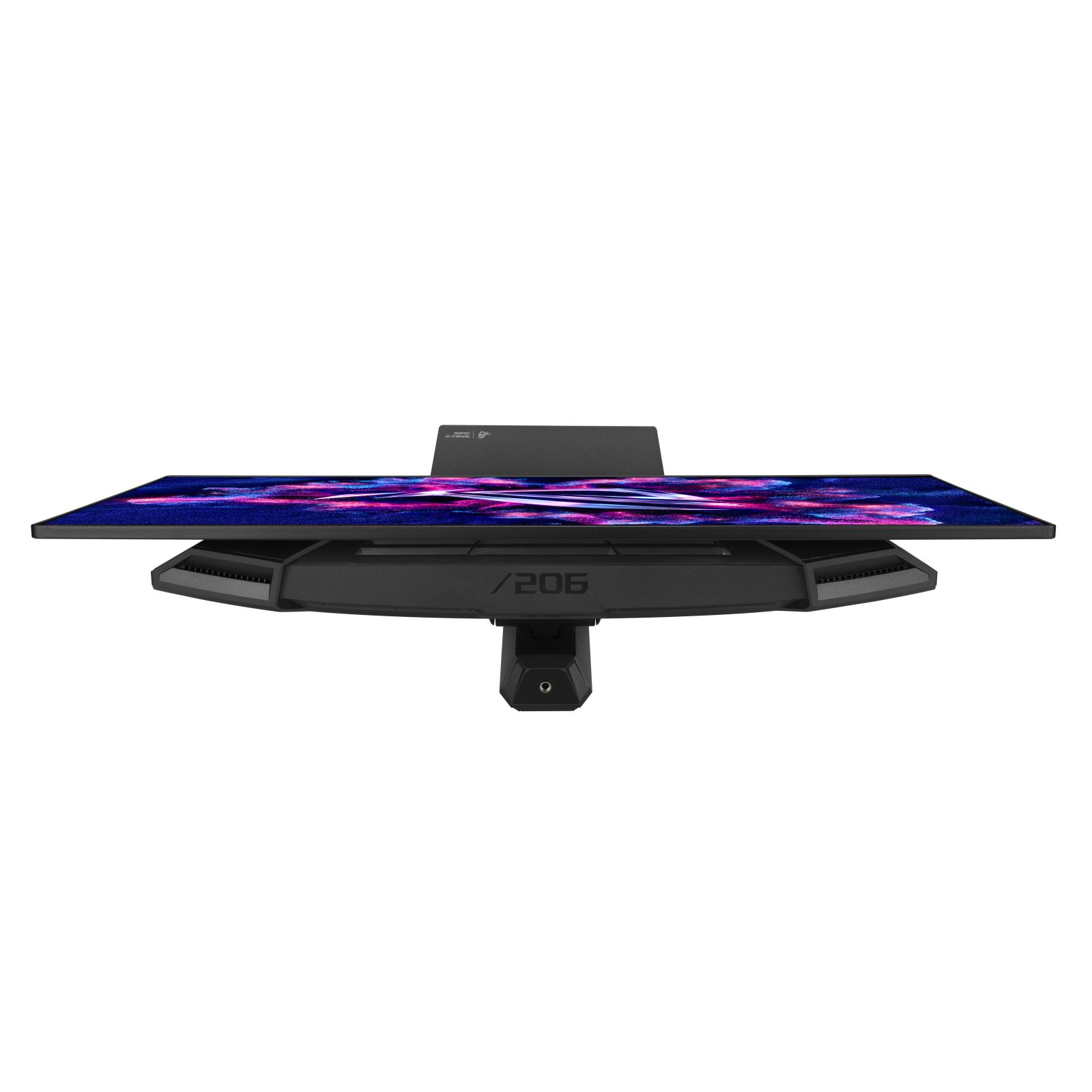 Monitor nero con motivo blu e viola sullo schermo.