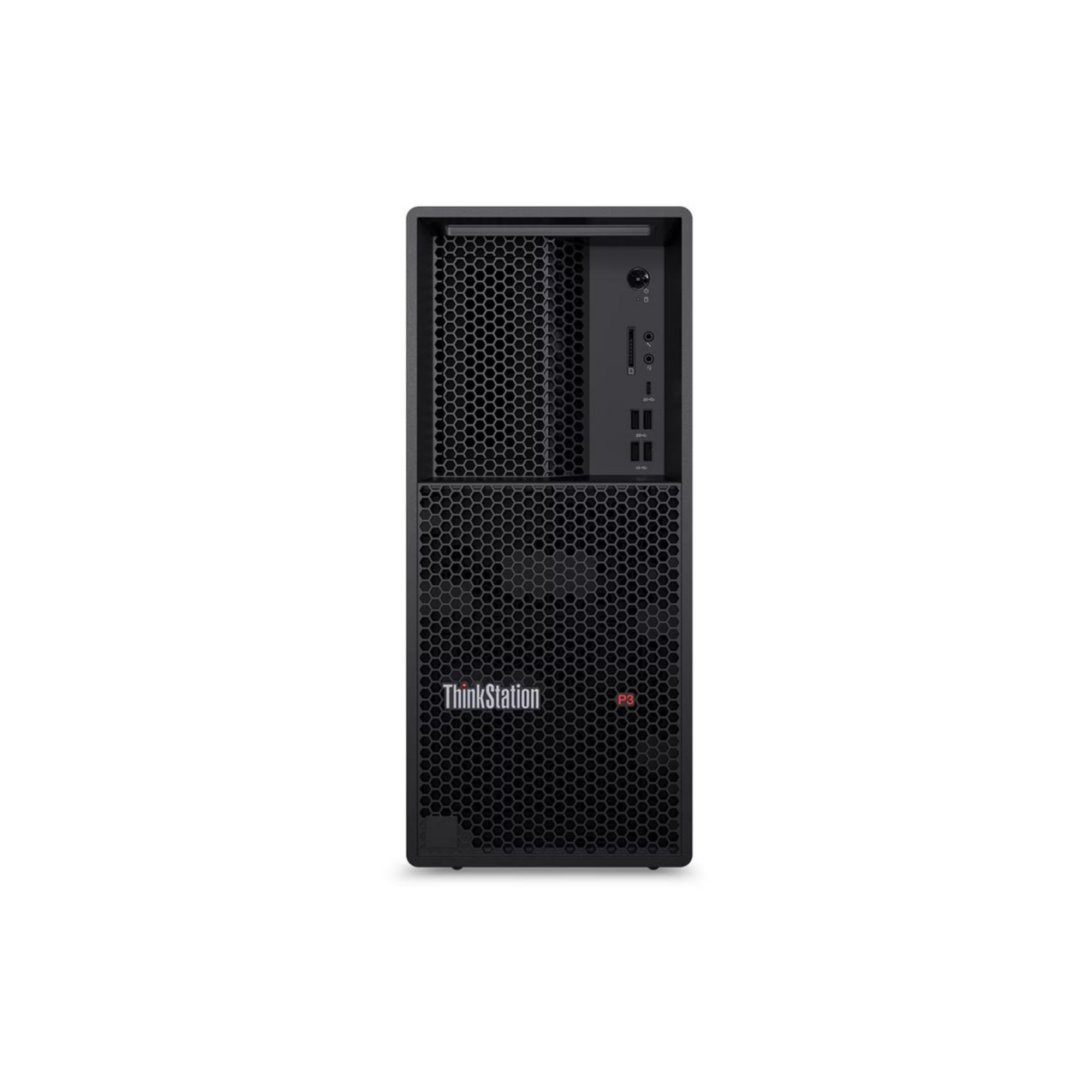 Un case desktop nero ThinkStation P3 con ventilazione a nido d'ape.