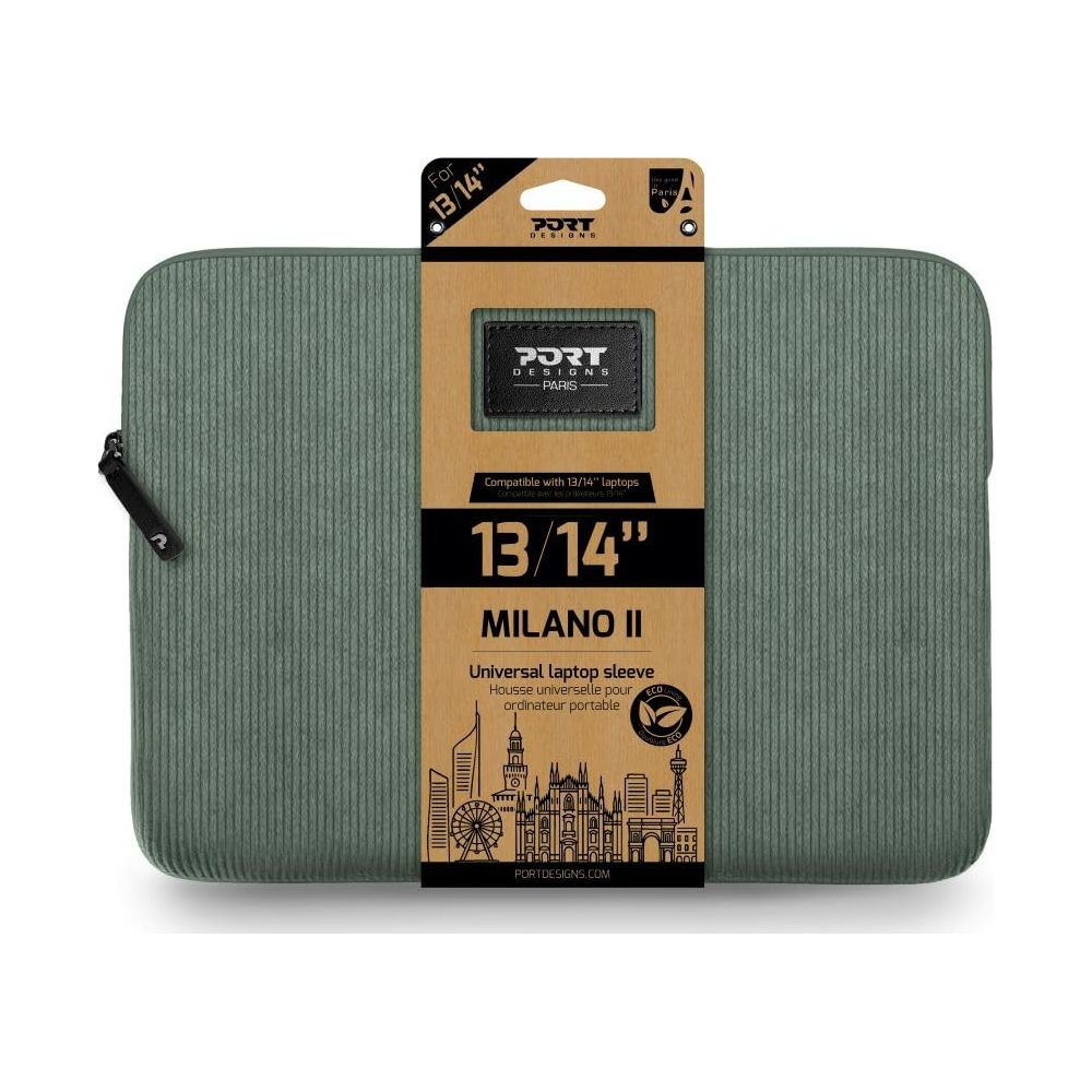 Custodia verde per laptop da 13/14 pollici, con skyline cittadino e logo del marchio.