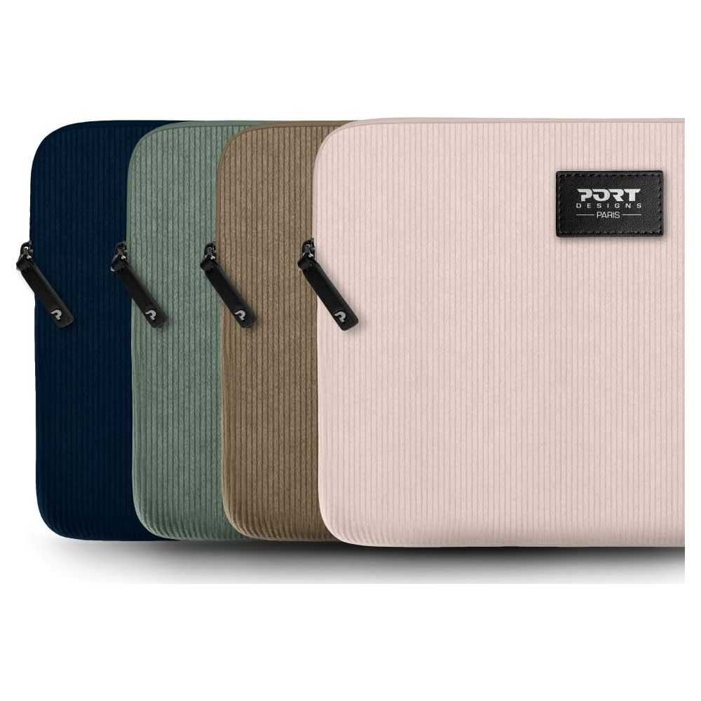 Quattro custodie per laptop in velluto a coste blu navy, verdi, marroni e rosa.
