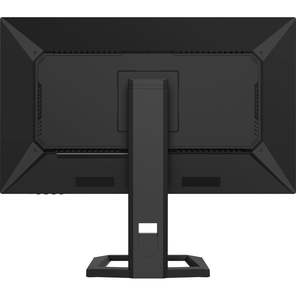 Vue arrière d'un moniteur noir avec support, isolé sur fond blanc.
