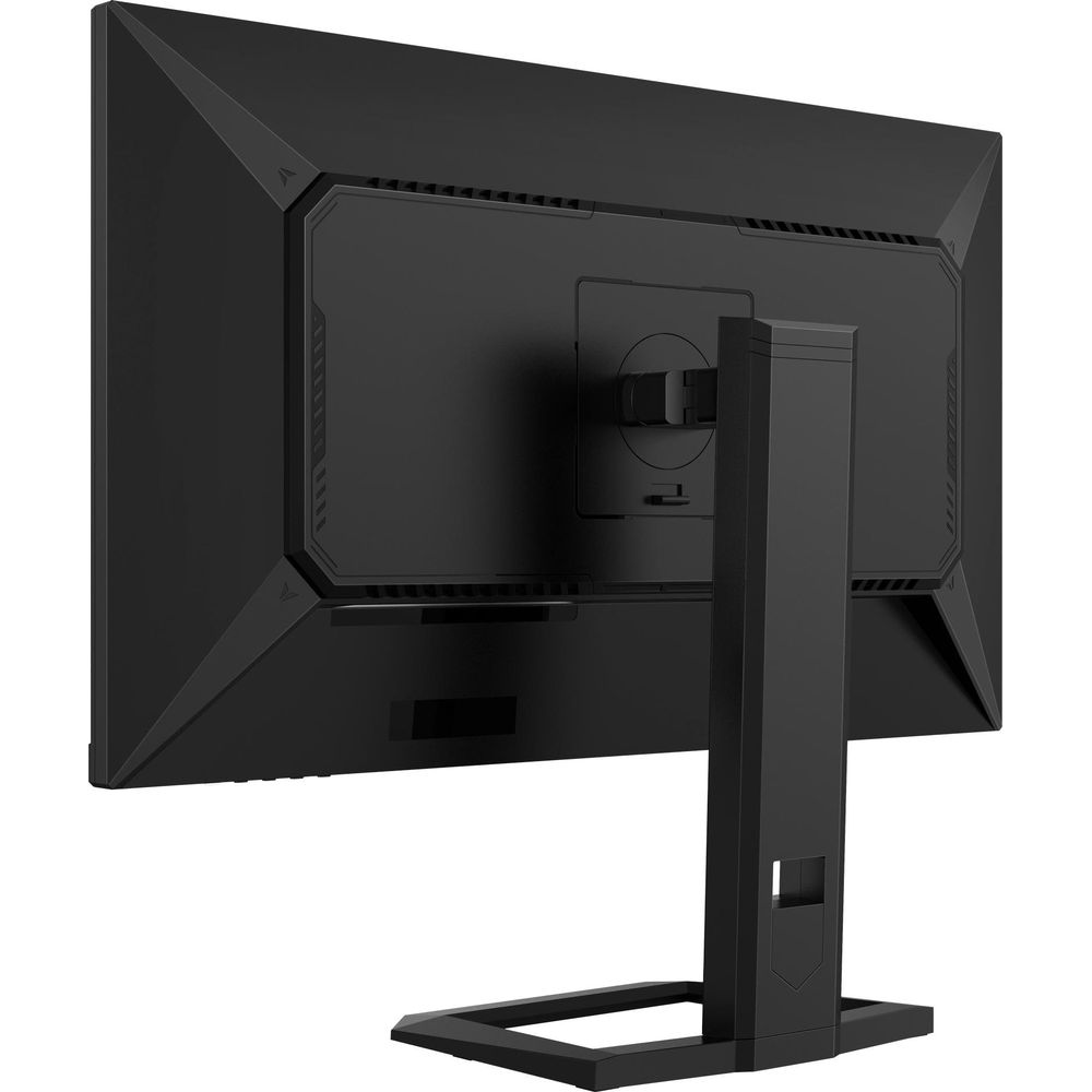 Vue arrière d'un moniteur noir avec support robuste et bras réglable.