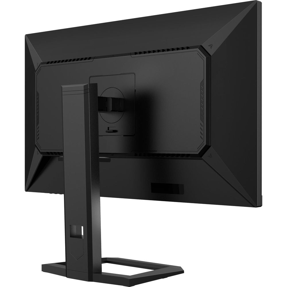 Vue arrière d'un moniteur noir avec un support carré. Des fentes d'aération sont visibles.