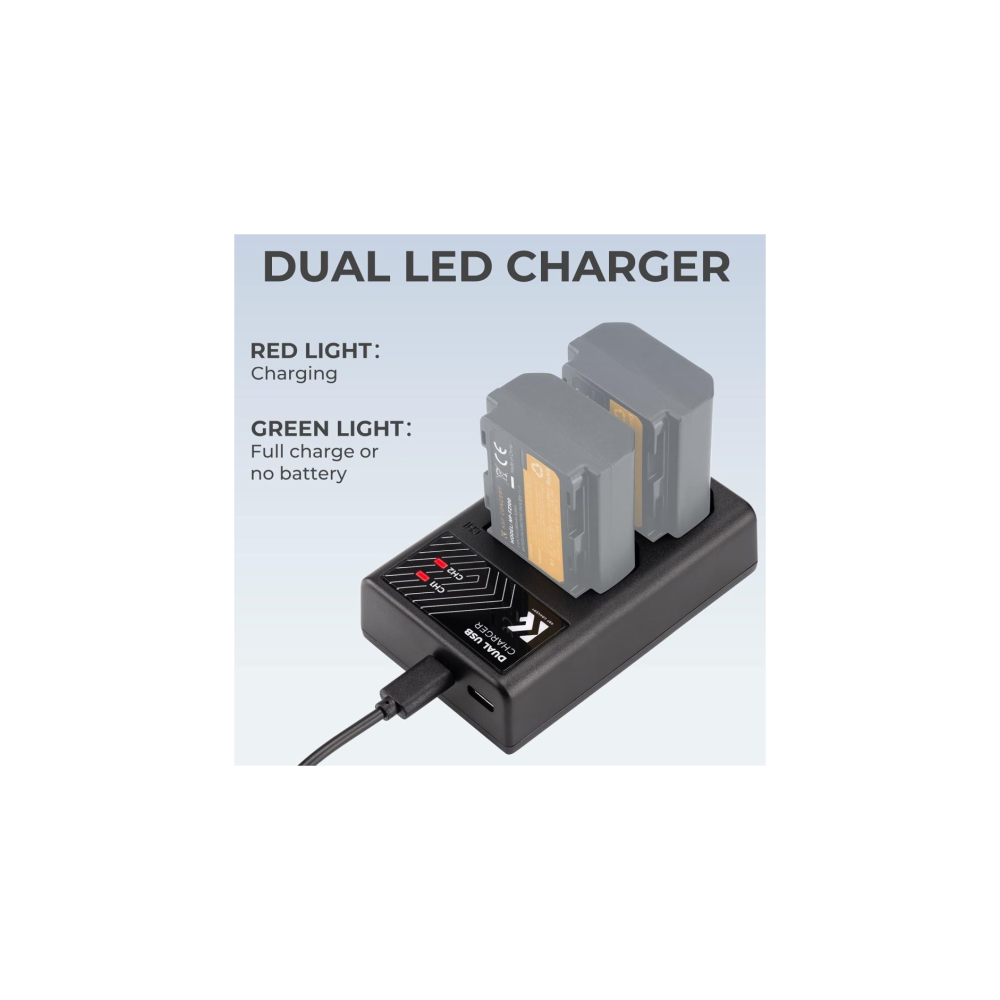 Dubbele LED-lader met twee opgeladen batterijen, rood lampje geeft laden aan.