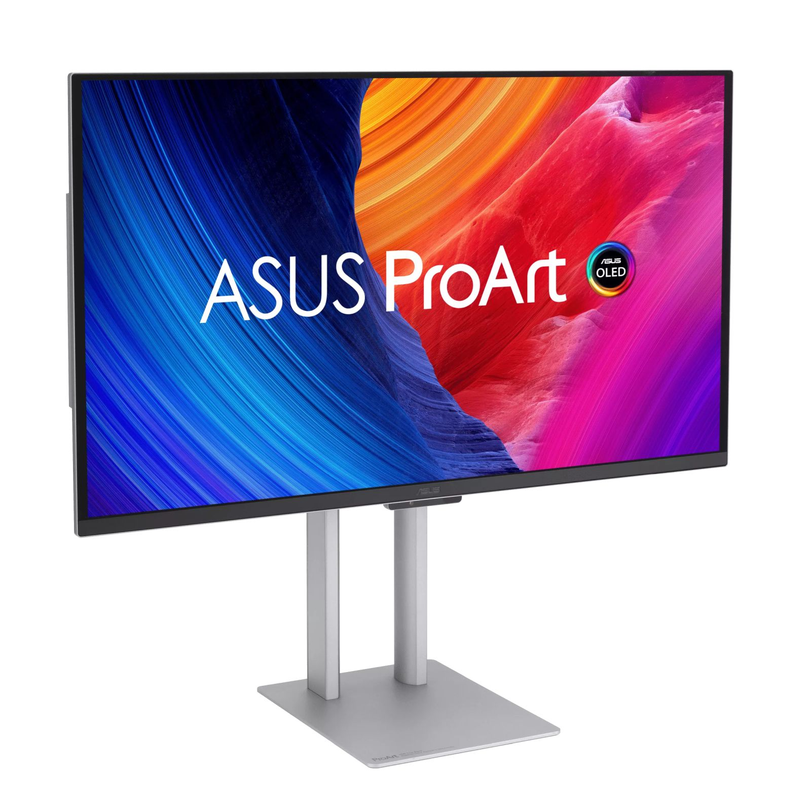 Un monitor ASUS ProArt OLED con supporto argentato e grafica di sfondo colorata.