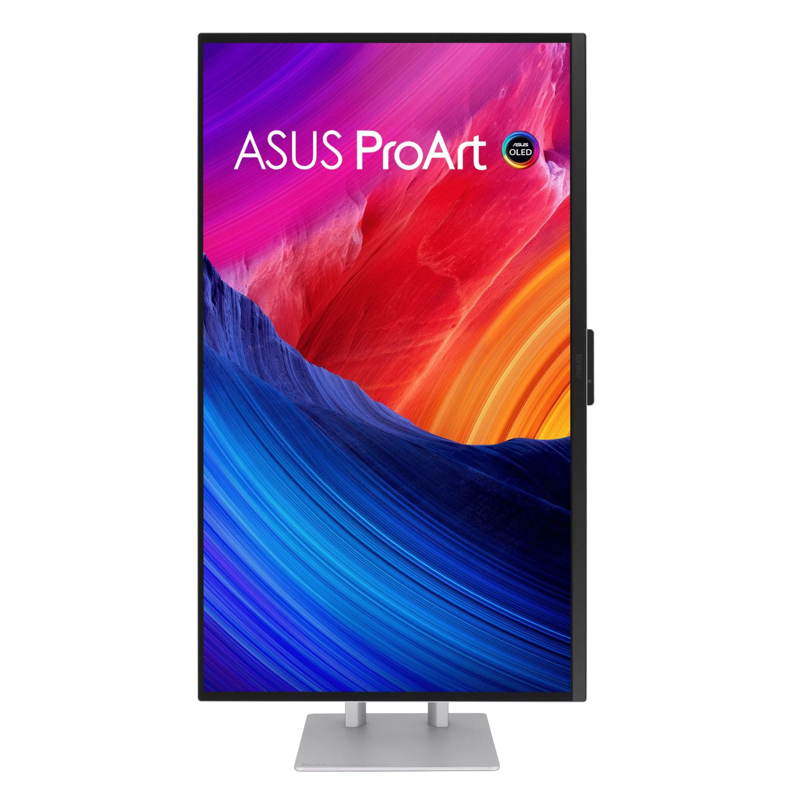 Un monitor ASUS ProArt OLED su una base argentata. Lo schermo mostra uno sfondo astratto e colorato.