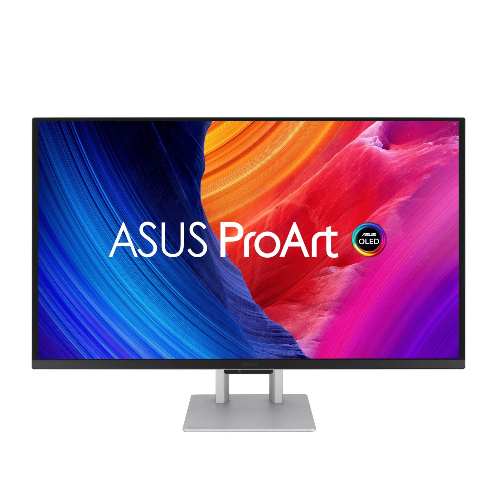 Un monitor ASUS ProArt OLED con sfondo astratto colorato e supporto argentato.