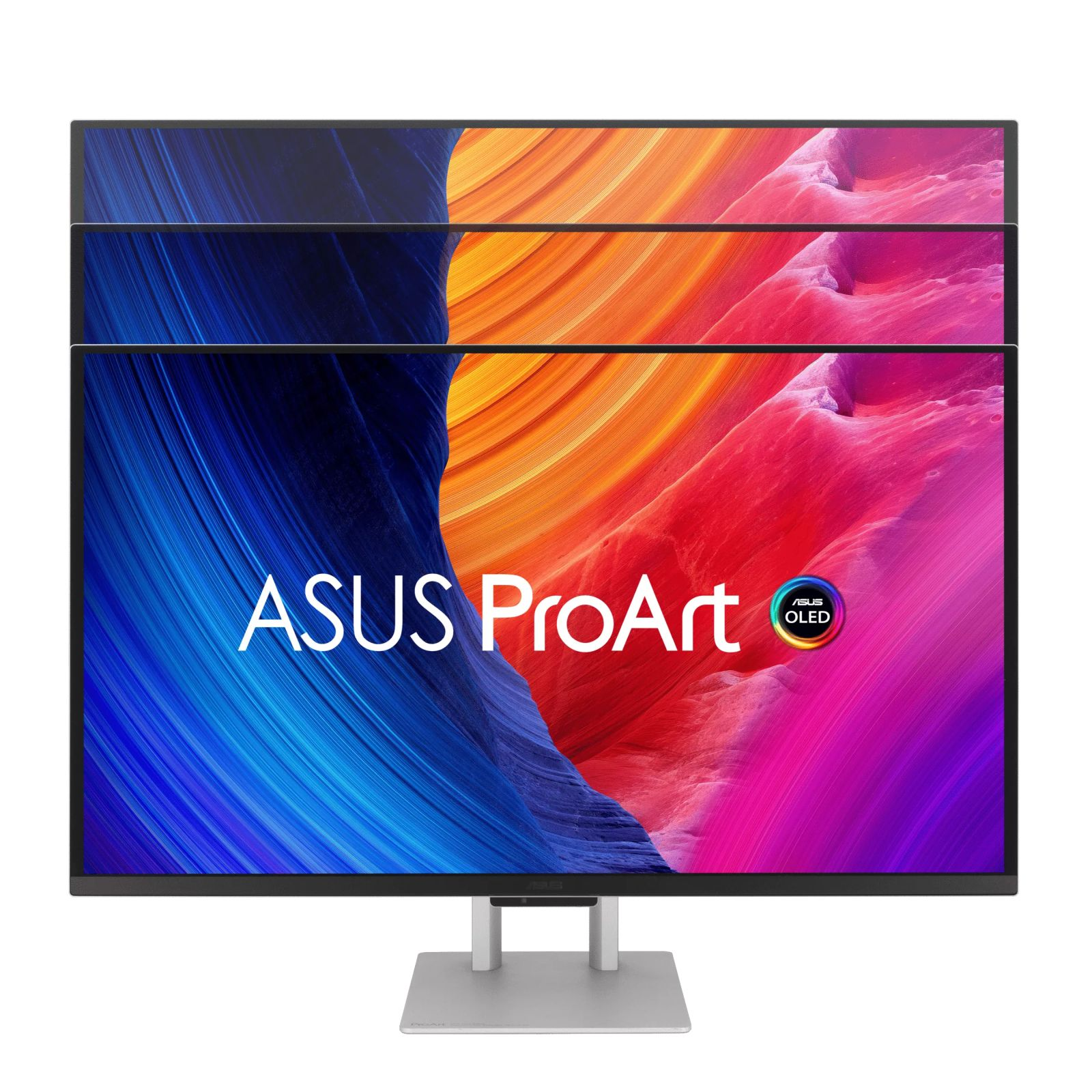 Tre monitor ASUS ProArt OLED impilati, con sfondi astratti colorati.