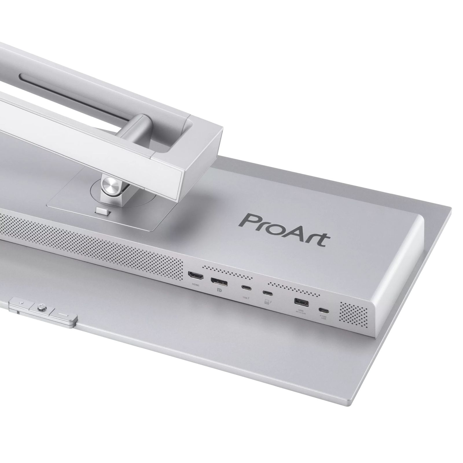 Supporto monitor argento con porte: HDMI, DisplayPort, USB-C, USB-A. Logo ProArt.
