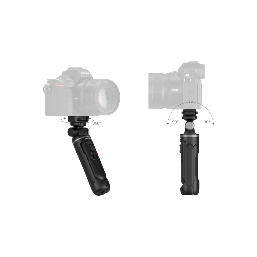 Una fotocamera nera su un piccolo treppiede che mostra rotazione di 360° e 90°.