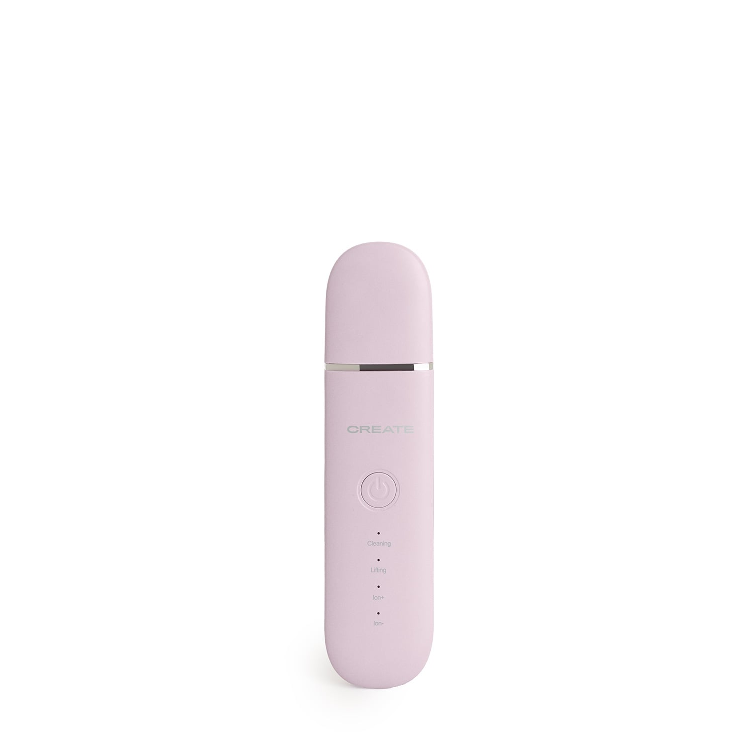 Un dispositivo rosa CREATE para el cuidado de la piel con botones para limpieza, lifting e iones.
