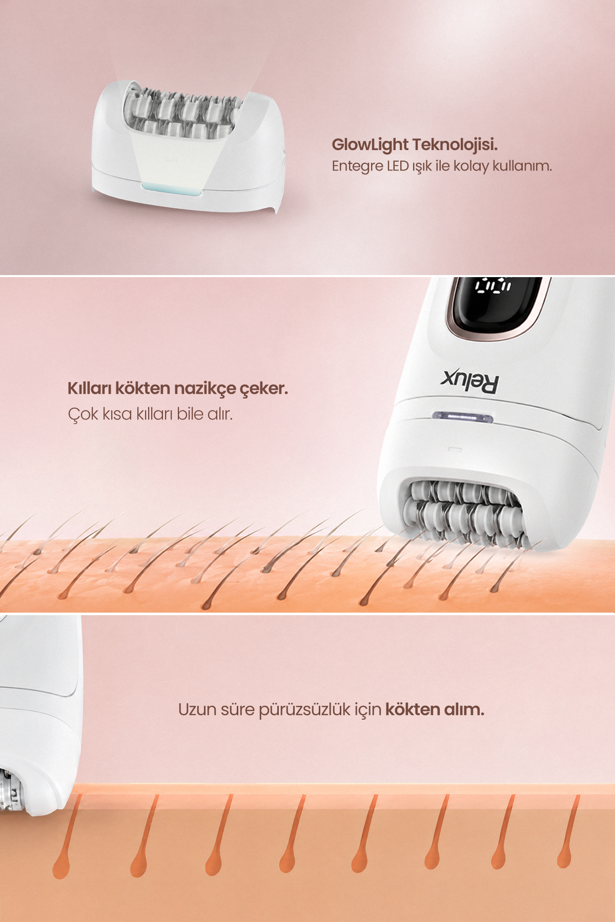 Kökten tüy alan beyaz epilasyon cihazı, LED ışığıyla kolay kullanım.