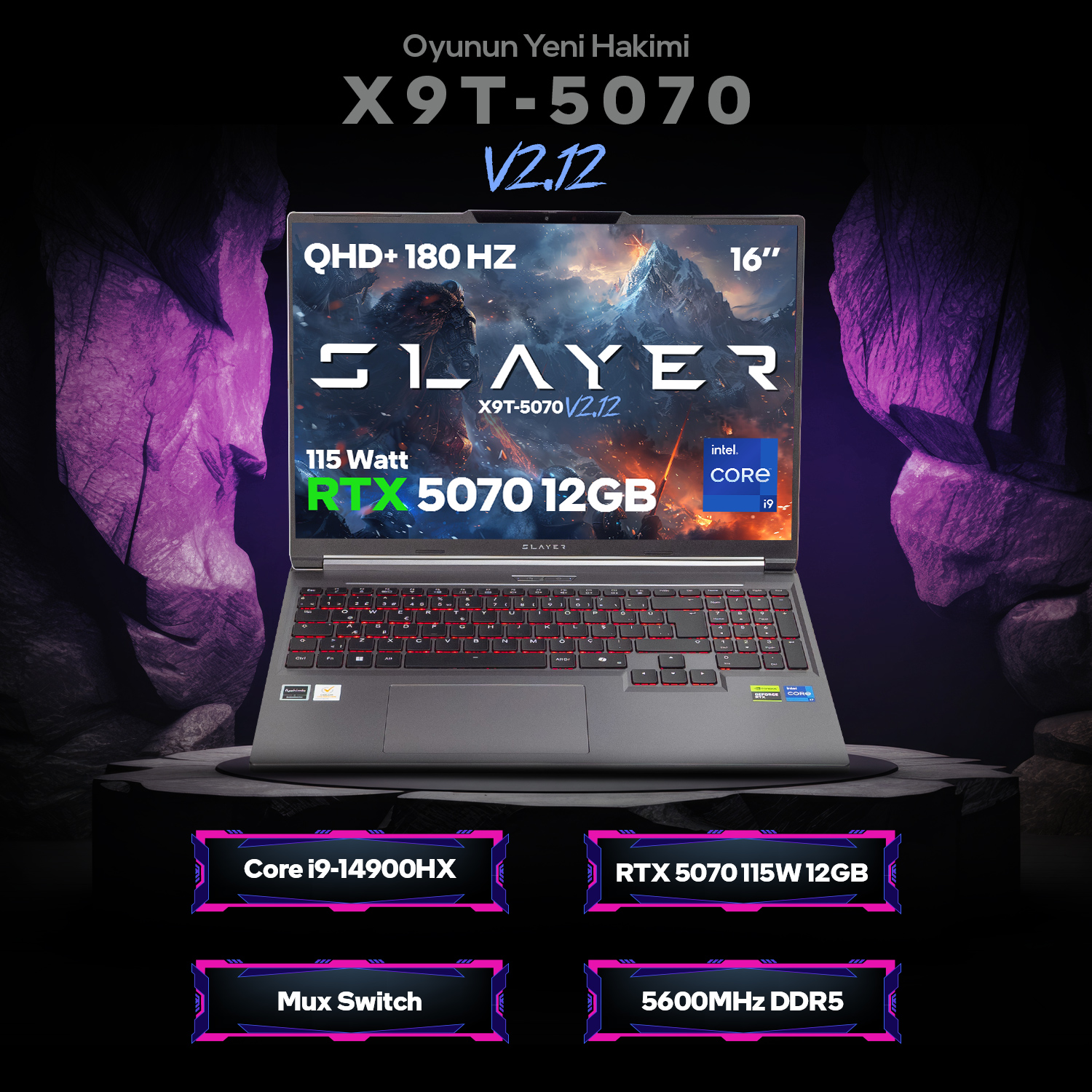 RTX 5070, Core i9, 16 inç QHD 180Hz ekrana sahip oyuncu dizüstü bilgisayarı.