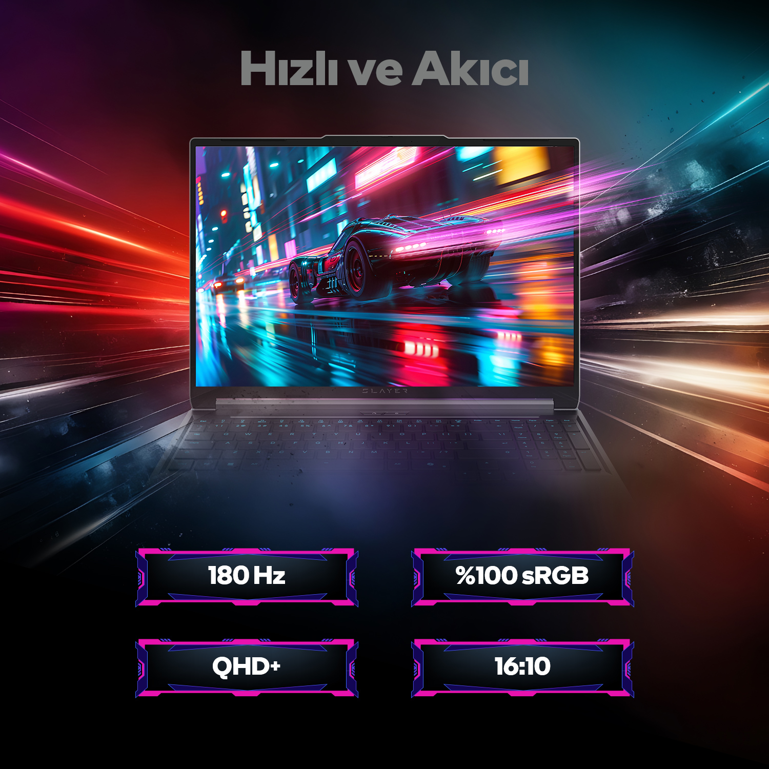 Ekranında fütüristik bir araba olan dizüstü bilgisayar, 180 Hz, QHD+, %100 sRGB, 16:10.