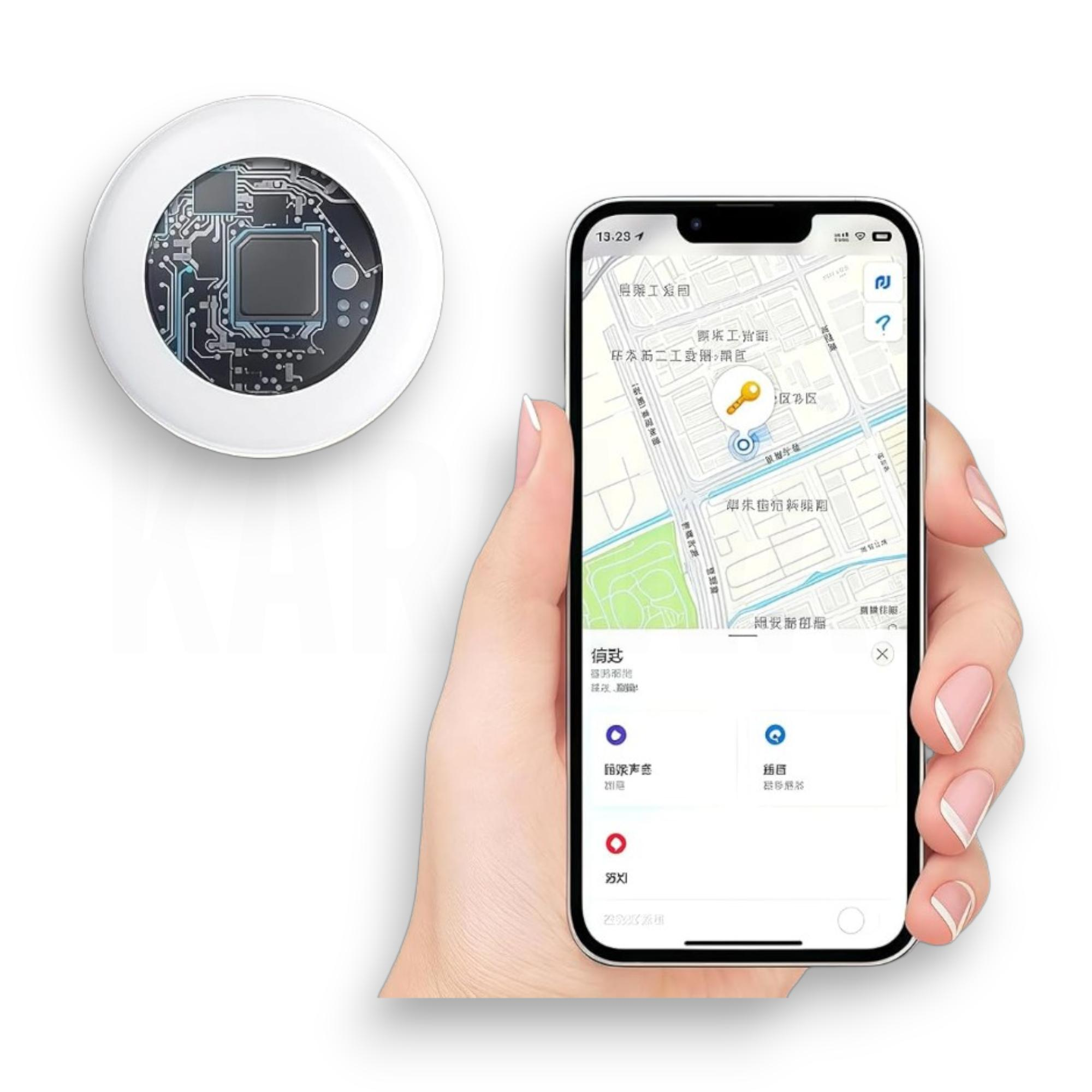 Un rastreador inteligente blanco y una mano sosteniendo un smartphone con un mapa.